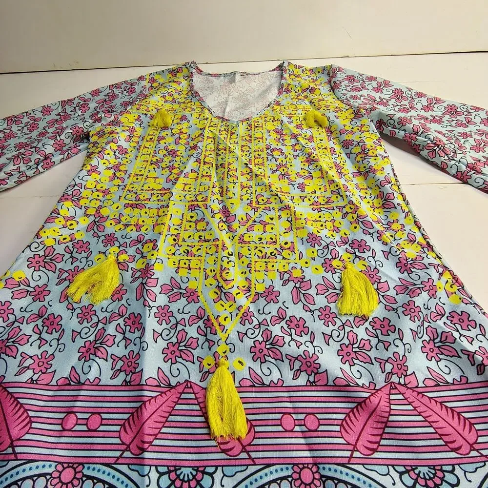 Mislook Tunic Boho Vibrant Eclectri Floral Tassels Fringe Pink Coastal Fairy Cow - Picture 10 of 11